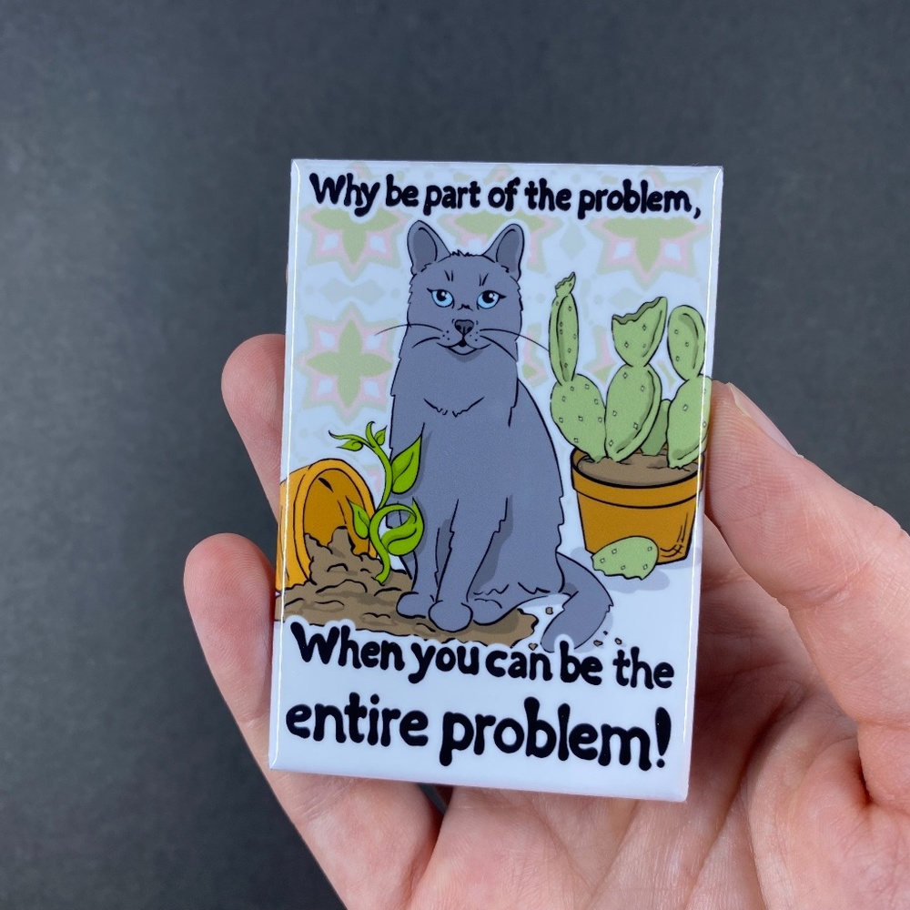 Gray Cat & Plants Magnet, Funny Pet Portrait Decor Gift Handmade 2x3"
